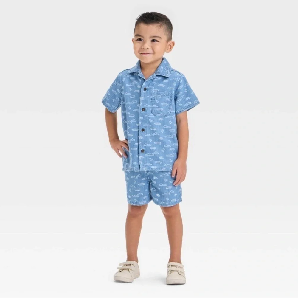 Cat & Jack Short Sleeve Denim Button-Down Shirt Pull On Shorts Set Medium Wash